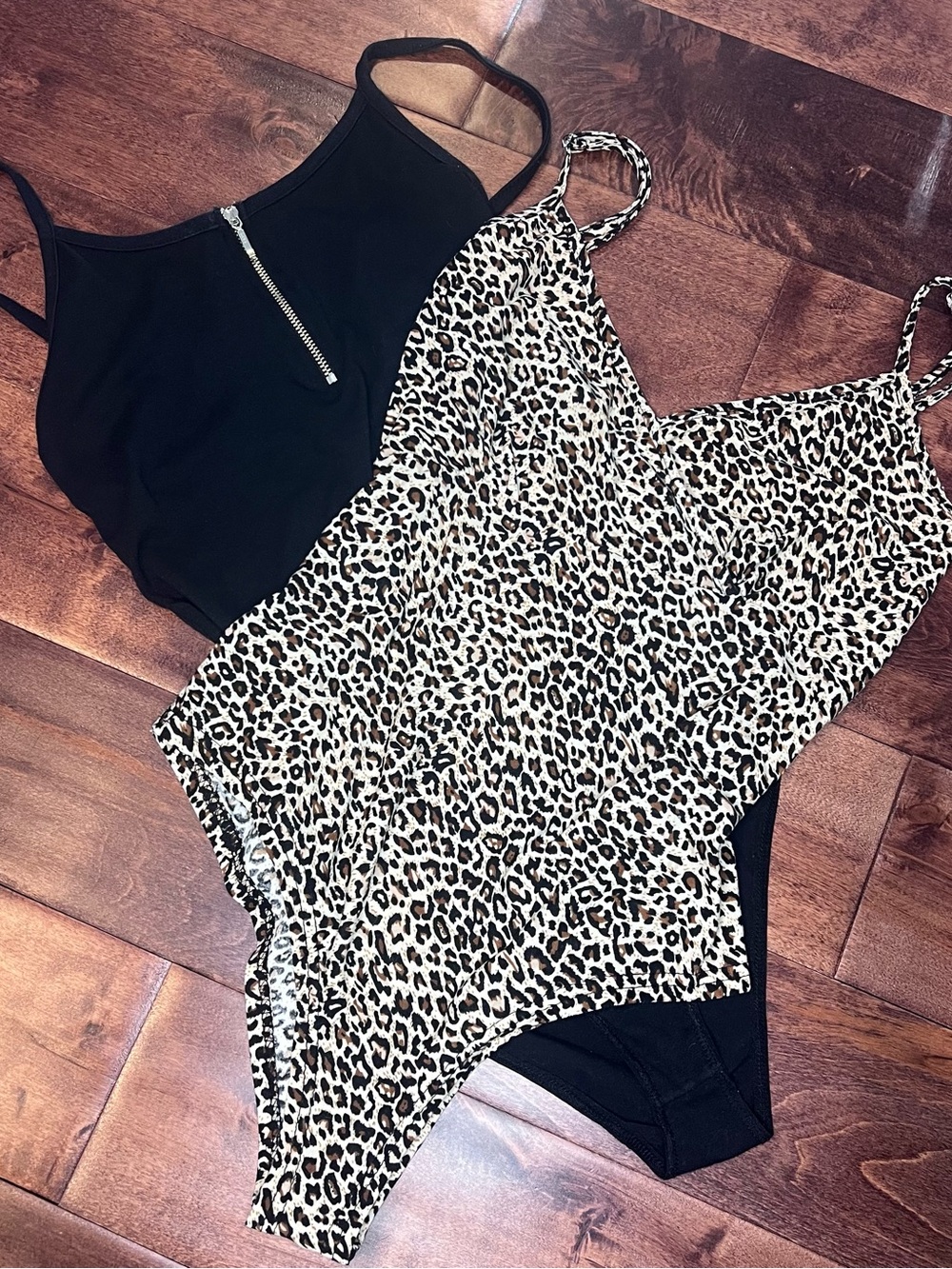 Leopard Print & Black Spaghetti Strap Bodysuits - Animal Print and Black